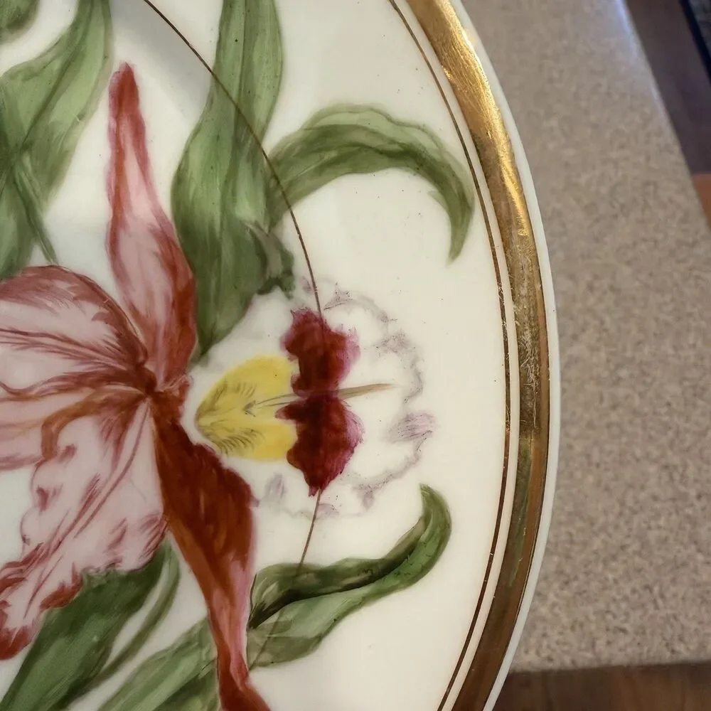 Set Of 4 Vintage Hand Painted ORCHID Plates Gold Border Porcelain 8 1/4”